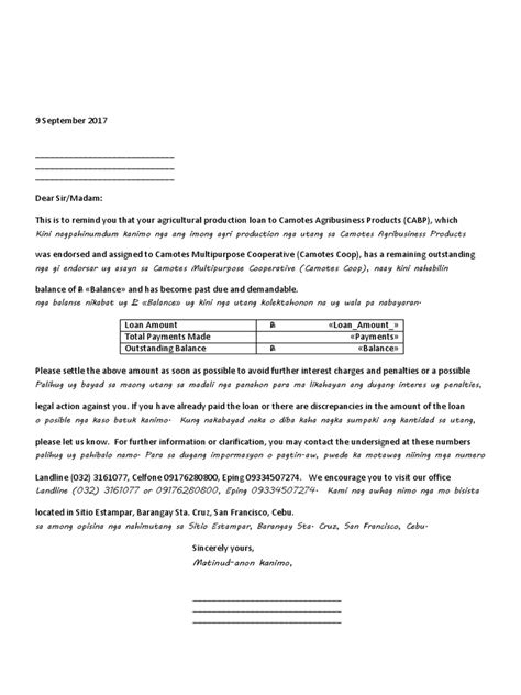 Sample Collection Letter With Cebuano Translation .